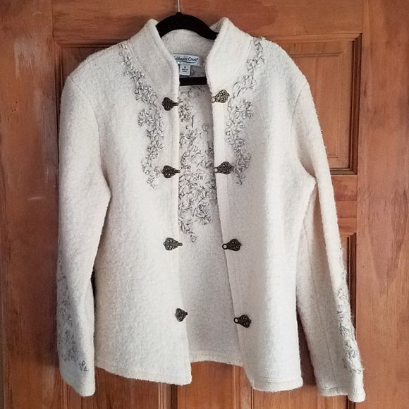 100% Wool Coldwater Creek Cardigan Sweater Jacket With Vintage Hook Latch Clasps - Picture 1 of 6